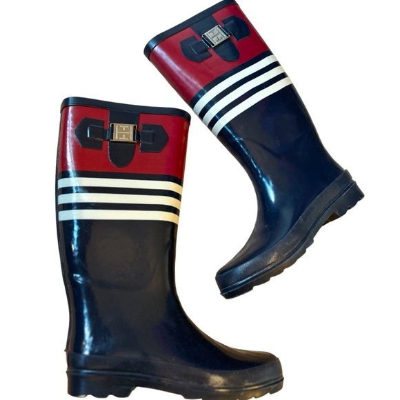 TOMMY HILFIGER TALL RUBBER RAIN BOOTS + BRUSHED NYLEX LINING, NAVY BLUE & RED, 6 - Picture 2 of 7